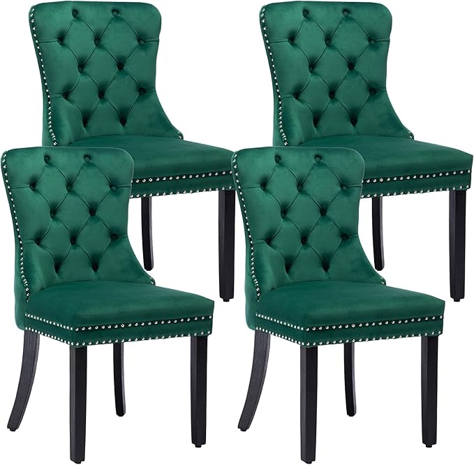 KCC Velvet Dining Chairs Set of 4, Upholstered High-end Tufted Dining Room Chair with Nailhead Back Ring Pull Trim Solid Wood Legs, Nikki Collection Modern Style for Kitchen, Green