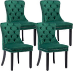 KCC Velvet Dining Chairs Set of 4, Upholstered High-end Tufted Dining Room Chair with Nailhead Back Ring Pull Trim Solid Wood Legs, Nikki Collection Modern Style for Kitchen, Green