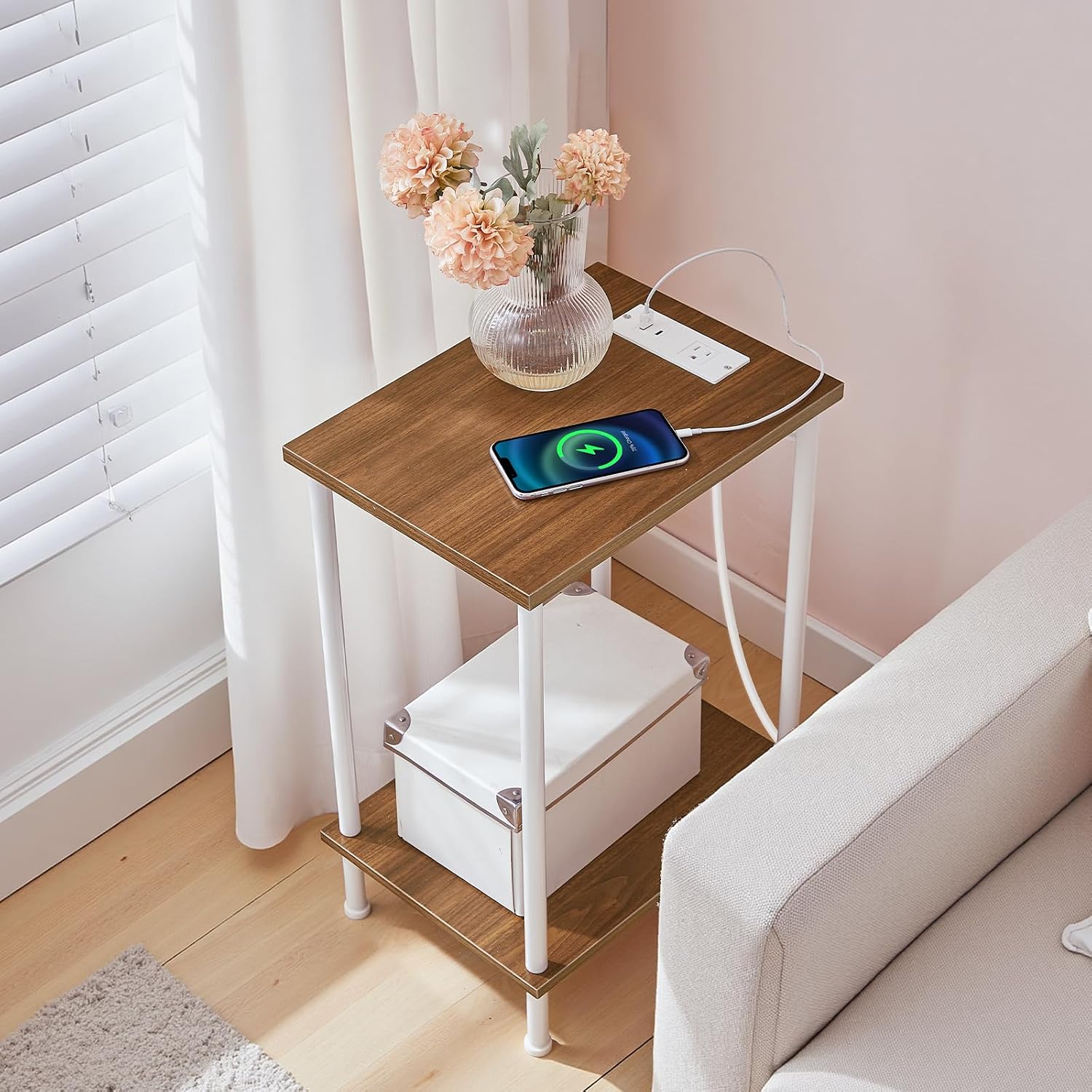 HOOBRO Side Table with Charging Station, End Table with USB Port and Outlets, Nightstand with 2-Layer Storage Shelves for Small Spaces, Living Room, Bedroom, Walnut and White WH09UBZ01