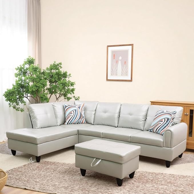 L Shaped Couch Sectional Couches with Chaise and Storage Ottoman, 3 Pieces Modular Convertible Sofa for Living Room Furniture Sets and Small Apartment Faux Leather, Silver Green