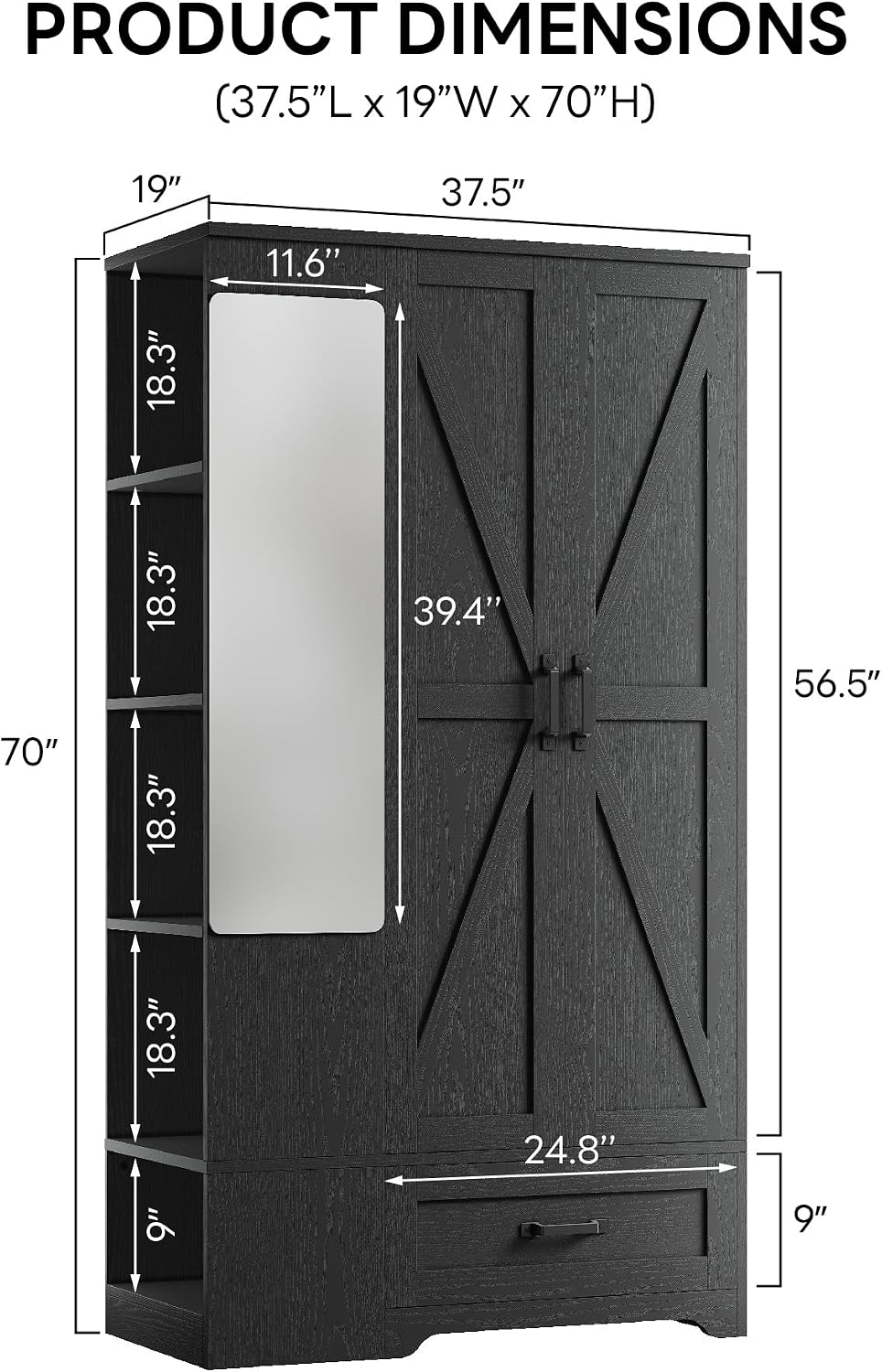 LIKIMIO Armoire Wardrobe Closet 70 Inches, Large Storage with Mirror, 2 Doors...