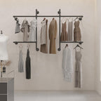 Industrial Pipe Clothing Racks with 5 Hanging Rods, Industrial Clothes Racks Wall Mounted, Heavy Duty Black Pipe Clothing Rack, Metal Closet Rods for Hanging Clothes