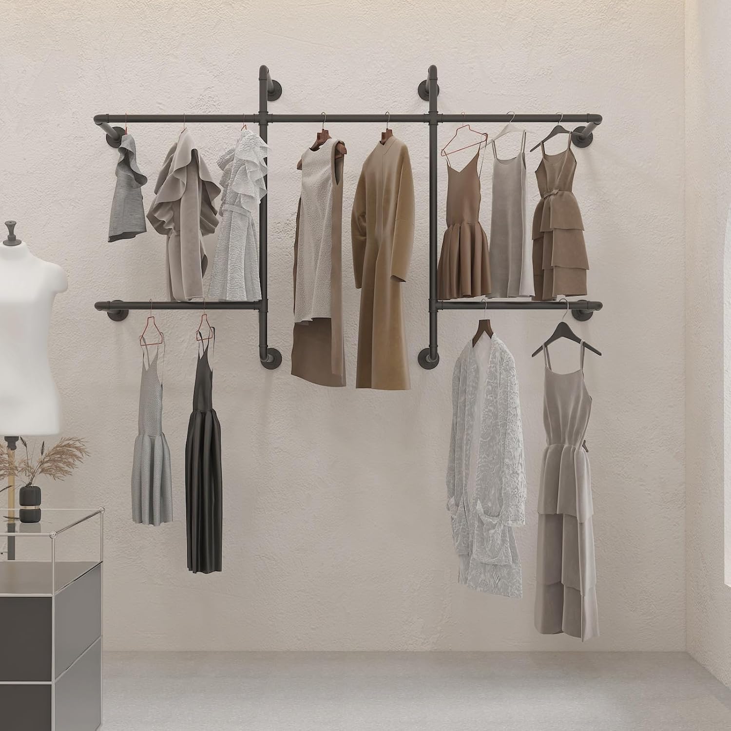 Industrial Pipe Clothing Racks with 5 Hanging Rods, Industrial Clothes Racks Wall Mounted, Heavy Duty Black Pipe Clothing Rack, Metal Closet Rods for Hanging Clothes