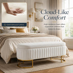 Velvet Storage Bench for Queen Size Bed, 46'' Beige Oval Ottoman, Gold Legs | Easy Assembly, Housewarming Gift, Bedroom, Living Room & Entryway