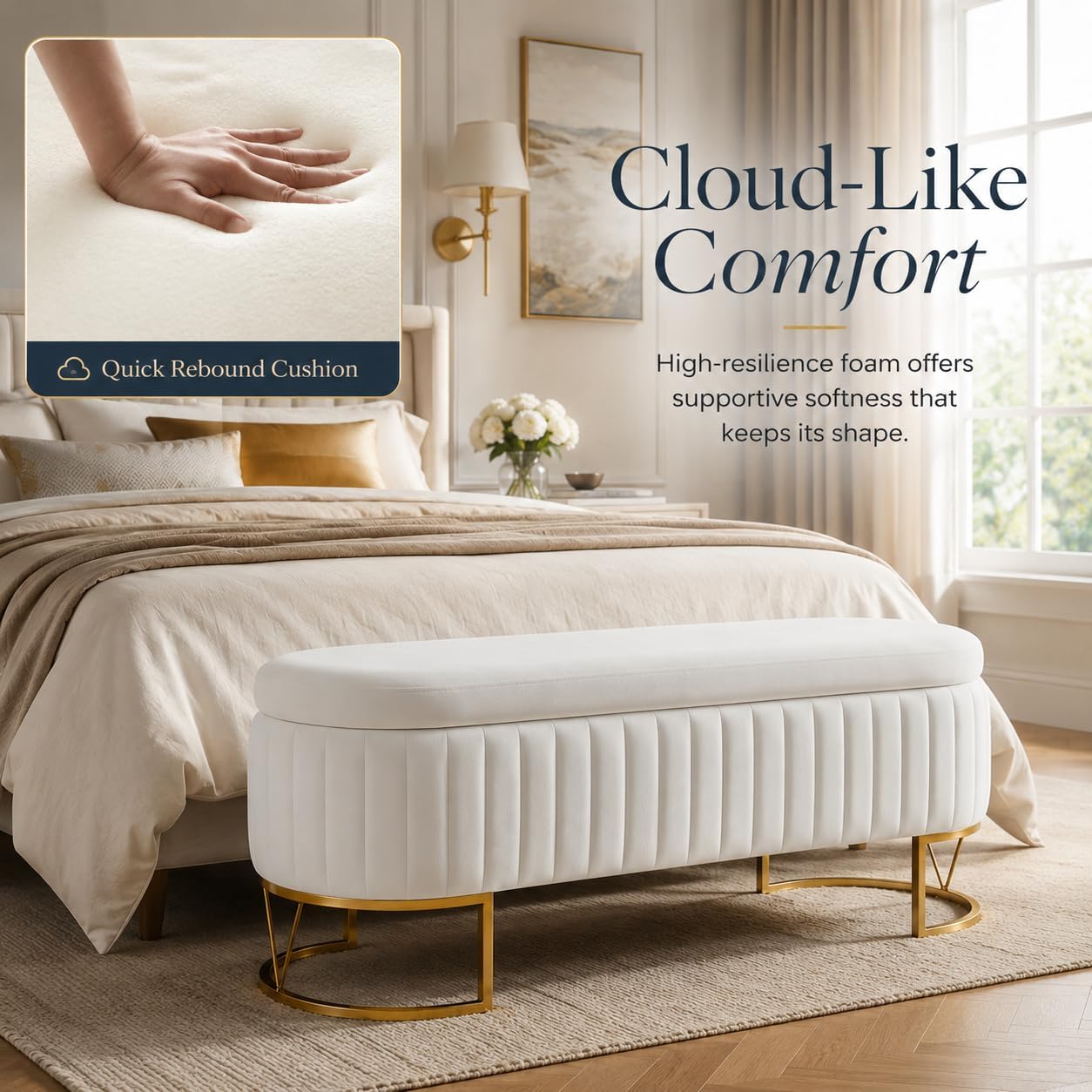 Velvet Storage Bench for Queen Size Bed, 46'' Beige Oval Ottoman, Gold Legs | Easy Assembly, Housewarming Gift, Bedroom, Living Room & Entryway