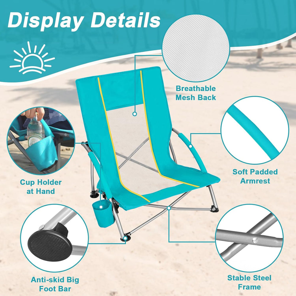 Romswi 2 Pack Lightweight Low Beach Chairs with Breathable Mesh Back,6LBS Fol...