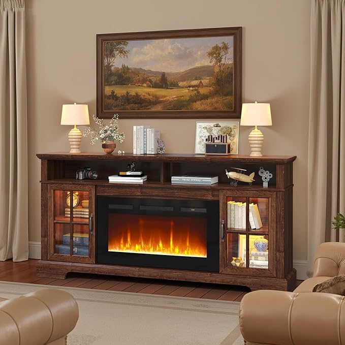 70" TV Stand with Electric Fireplace, Modern Entertainment Center for TVs Up to 80 Inches, Farmhouse Media Console with Storage Cabinets & Doors for Living Room, Brown and Black