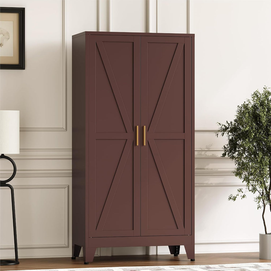 Baborokic 61H Metal Storage Cabinet with 2 Doors and Adjustable Shelves,Farmhouse Storage Cabinet with Barn Doors,Pantry Storage for Home,Office,Dining Room,Kitchen(Burgundy)