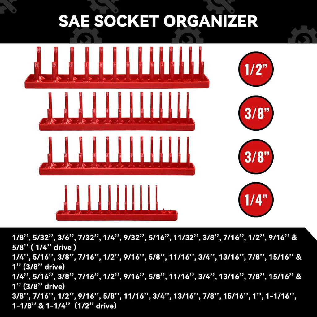 8PCS Socket Organizer Tray Set,SAE & Metric Socket Trays, 2PCS 1/4", 4PCS 3/8", 2PCS 1/2" Drive Deep and Shallow Socket Holders for Toolboxes (8pcs socket organizer）