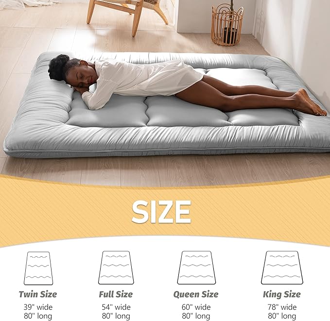 MAXYOYO Japanese Floor Mattress Futon Mattress, 4" Thicken Tatami Mat Sleeping Pad Foldable Roll Up Mat Boys Girls Dormitory Pad Kids Floor Lounger Pillow Bed, Charcoal Grey, Queen Size