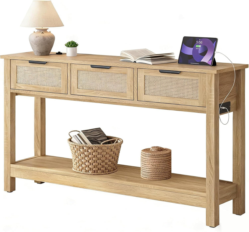 Luoxiao Entryway Table with Outlets & USB-C, 3 Drawers Rattan Console Tab...
