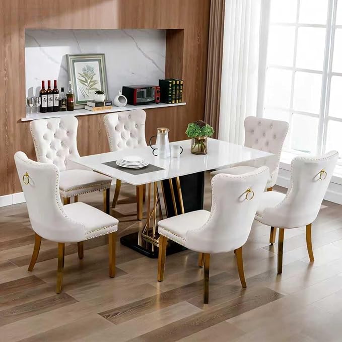 Mid Century Modern Dining Chairs Set of 6, Beige Velvet Upholstered Tufted Back, Kitchen & Dining Room Chairs, Gold Metal Legs, Nailhead Trim, Sillas para Comedor (Beige, 6 Pcs)