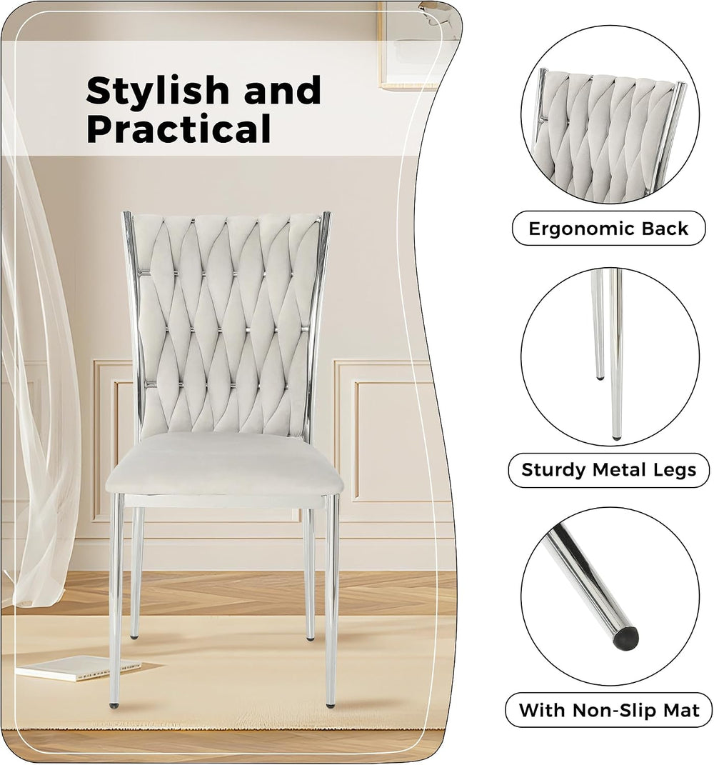 Velvet Dining Chairs Set of 6, Modern Woven Kitchen Chairs with Silver Metal ...