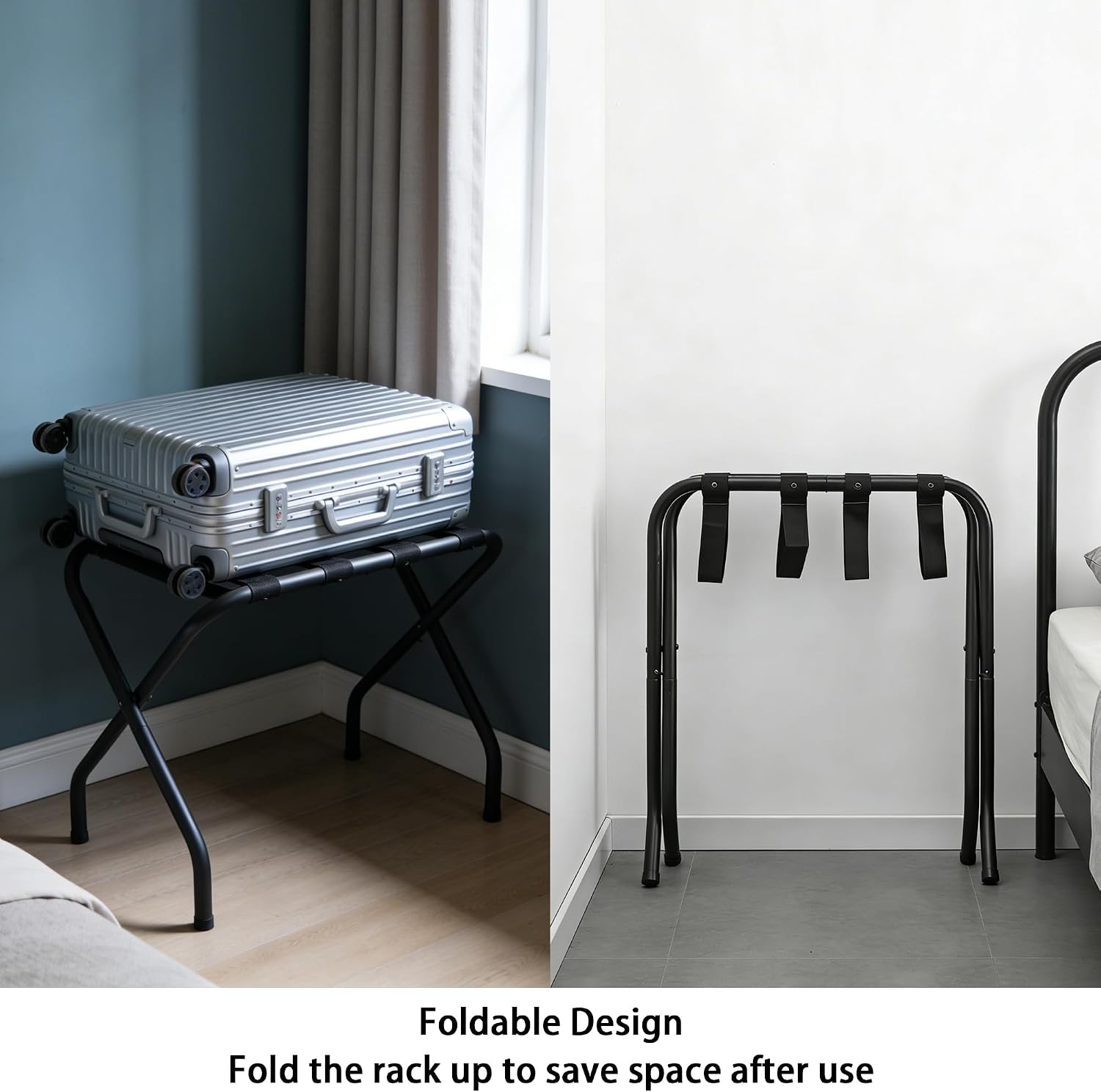 Folding Luggage Rack, Heavy Duty Metal Suitcase Stand with Nylon Straps, Collapsible Luggage Rack for Guest Room Space-Saving Luggage Organizer for Bedroom & Hotel