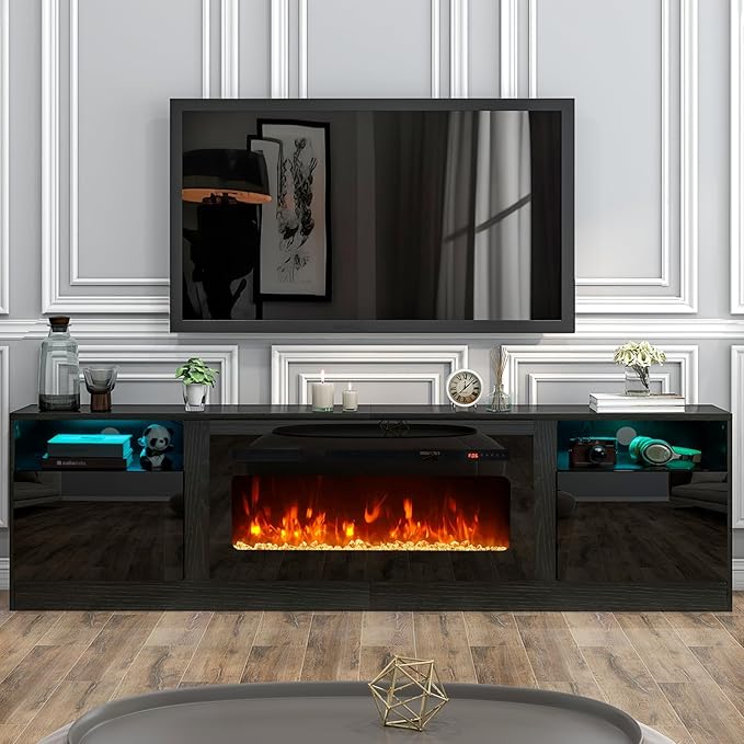 oneinmil 80” TV Stand with 36” Electric Fireplace, Large Modern Media Entertainment Center with Storage Cabinet and 12 Colors LED Lights for TVs Up to 90", Black+Black
