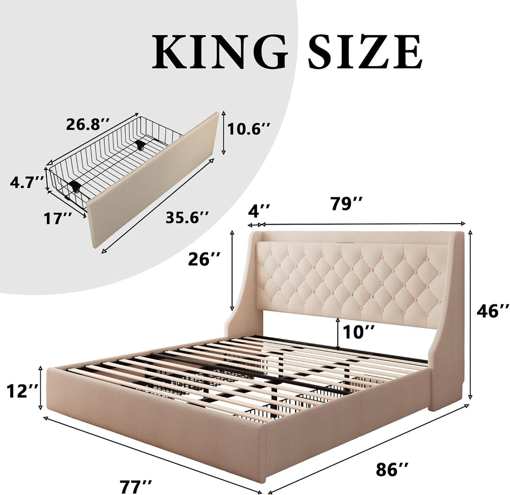 iPormis King Bed Frame with 4 Storage Drawers, Upholstered Platform Bed Frame...