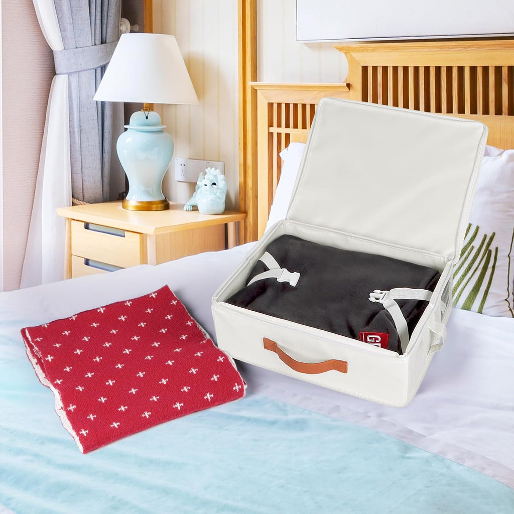 KEEGH Bed Sheet Organizers and Storage, 4 Pack Linen Closet Organizer for Bedding, Sheets Set Folder Organizer with Window& Zipper, Bed Sheet Storage Organizer for Bedsheets, Duvet Cover - Beige