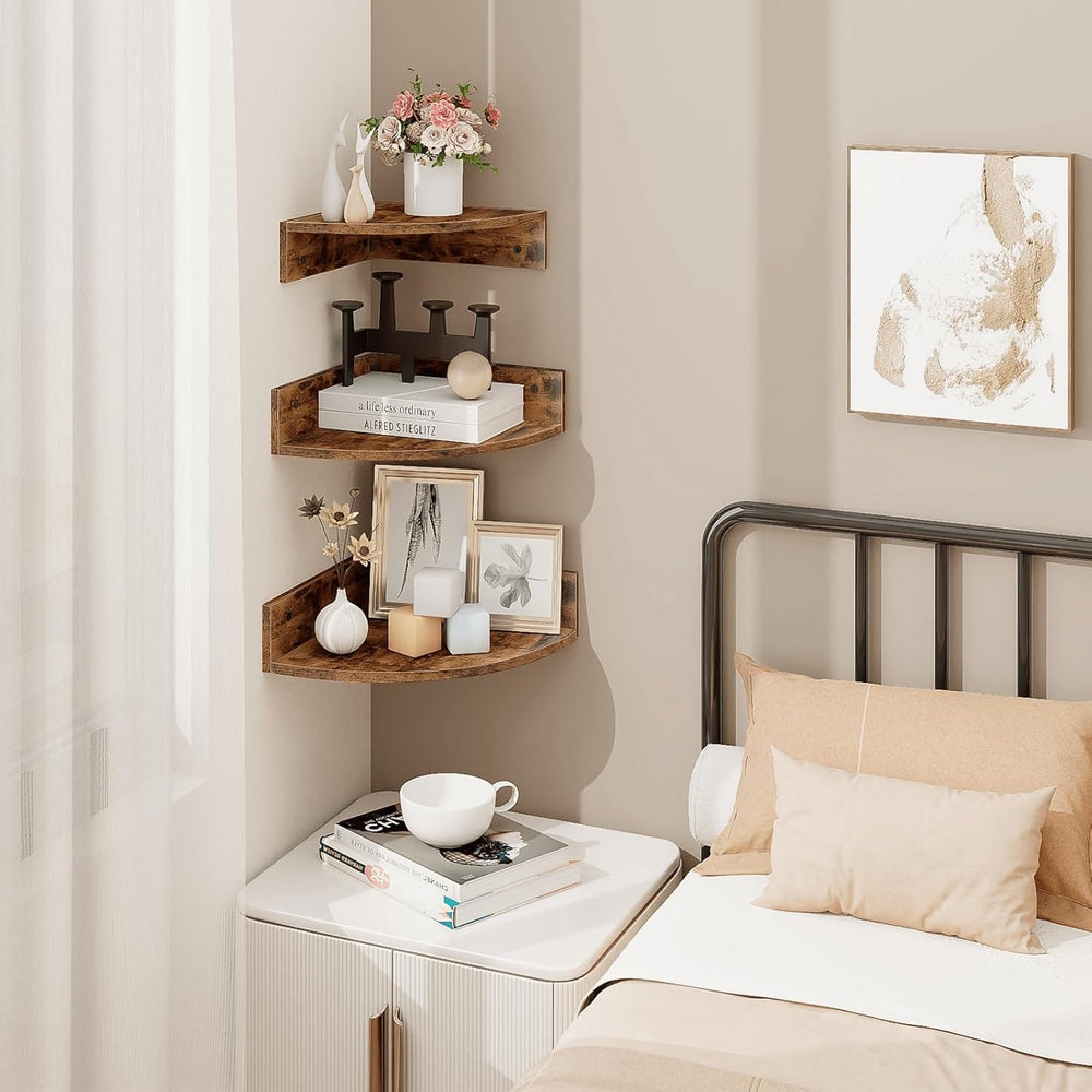 Homode Corner Shelf Wall Mount, Set of 3 Floating Corner Shelves with Cord Ho...
