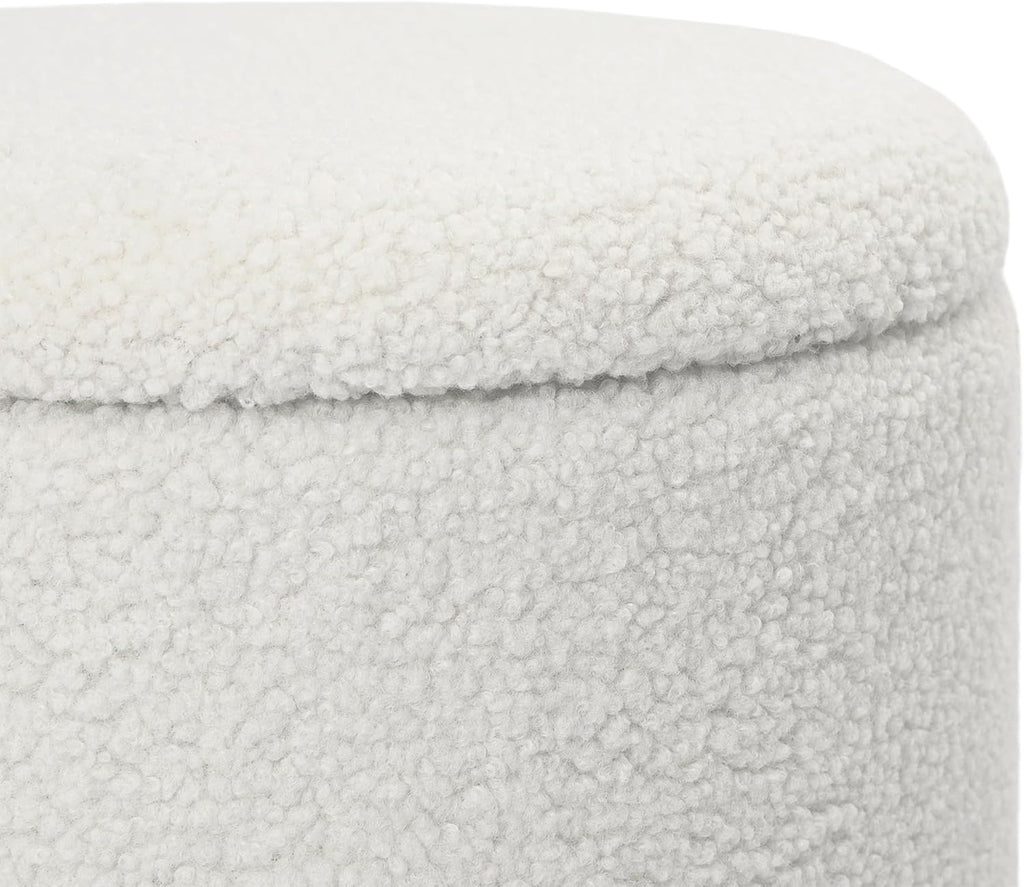 Round Storage Ottoman for Living Room, Small Velvet Vanity Stool with Light-Wood Base, White
