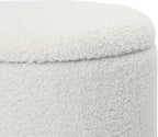 Round Storage Ottoman for Living Room, Small Velvet Vanity Stool with Light-Wood Base, White