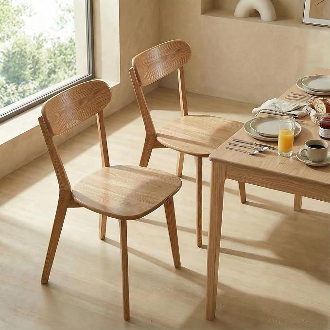 100% Solid Wood Dining Chairs Set of 2, Mid Century Modern with Wide Rounded Backrest, Chairs for Dining Room, Kitchen Chairs, Original Wood Color