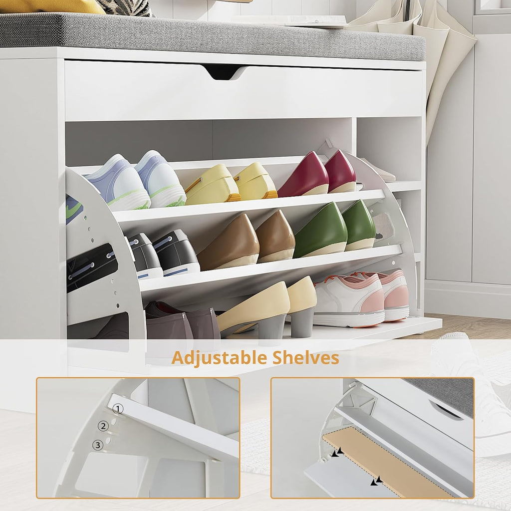 VOWNER Shoe Storage Bench with 3-Tier Flip Drawer & Padded Cushion, Shoe Rack Bench with Flip-Open Storage Box, Shoe Storage Organizer for Entryway, Hallway, Living Room, White | Narrow shoe tipper with seat cushion and adjustable compartments for hallway