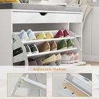 VOWNER Shoe Storage Bench with 3-Tier Flip Drawer & Padded Cushion, Shoe Rack Bench with Flip-Open Storage Box, Shoe Storage Organizer for Entryway, Hallway, Living Room, White | Narrow shoe tipper with seat cushion and adjustable compartments for hallway
