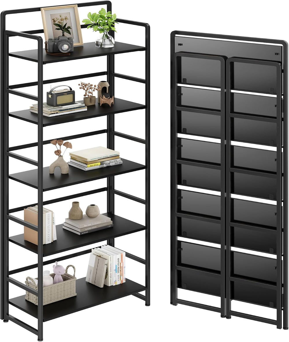 Folding Bookshelf 5 Tiers,No Assembly,Vintage Wood Bookcase Storage,Black