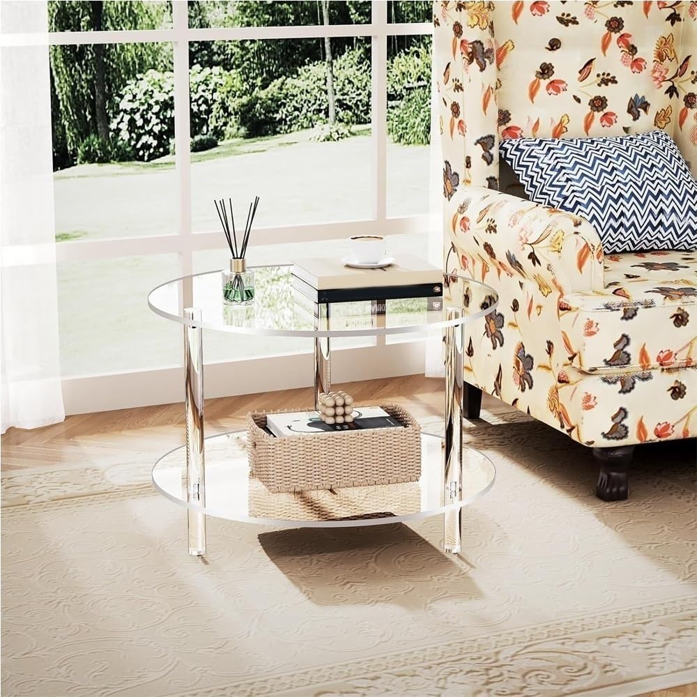 Acrylic Coffee Table, 2 Tier Round Coffee Table, Modern Clear Coffee Table, C...