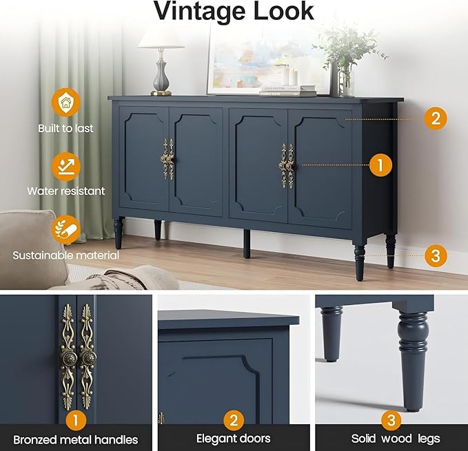 RoyalCraft 59" Buffet Cabinet with Storage, Vintage Sideboard with Adjustable Shelves & Carved Handle, Mid Century Modern Painted Credenza Coffee Bar for Kitchen, Dining Room, Navy Blue