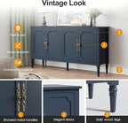 RoyalCraft 59" Buffet Cabinet with Storage, Vintage Sideboard with Adjustable Shelves & Carved Handle, Mid Century Modern Painted Credenza Coffee Bar for Kitchen, Dining Room, Navy Blue