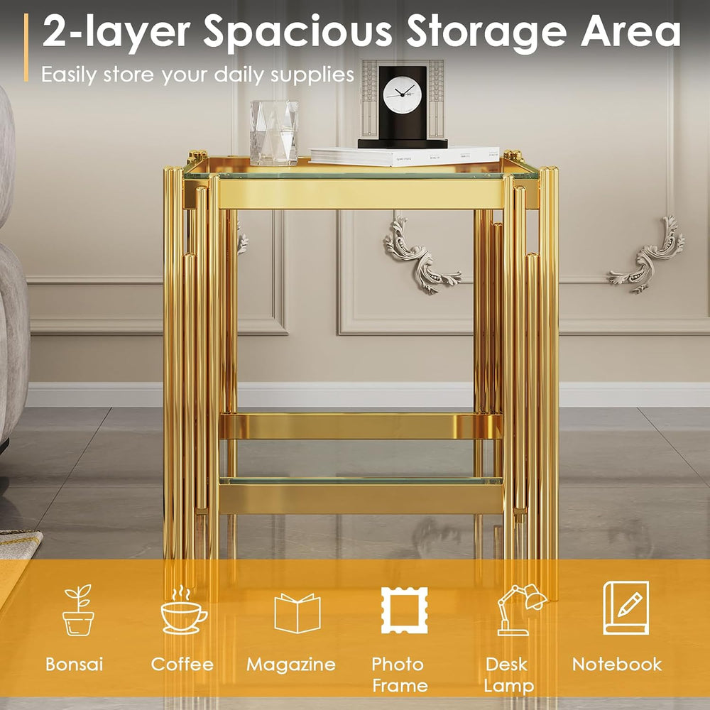 Small Side Table, Square End Table with Tempered Glass & Irregular Gold S...