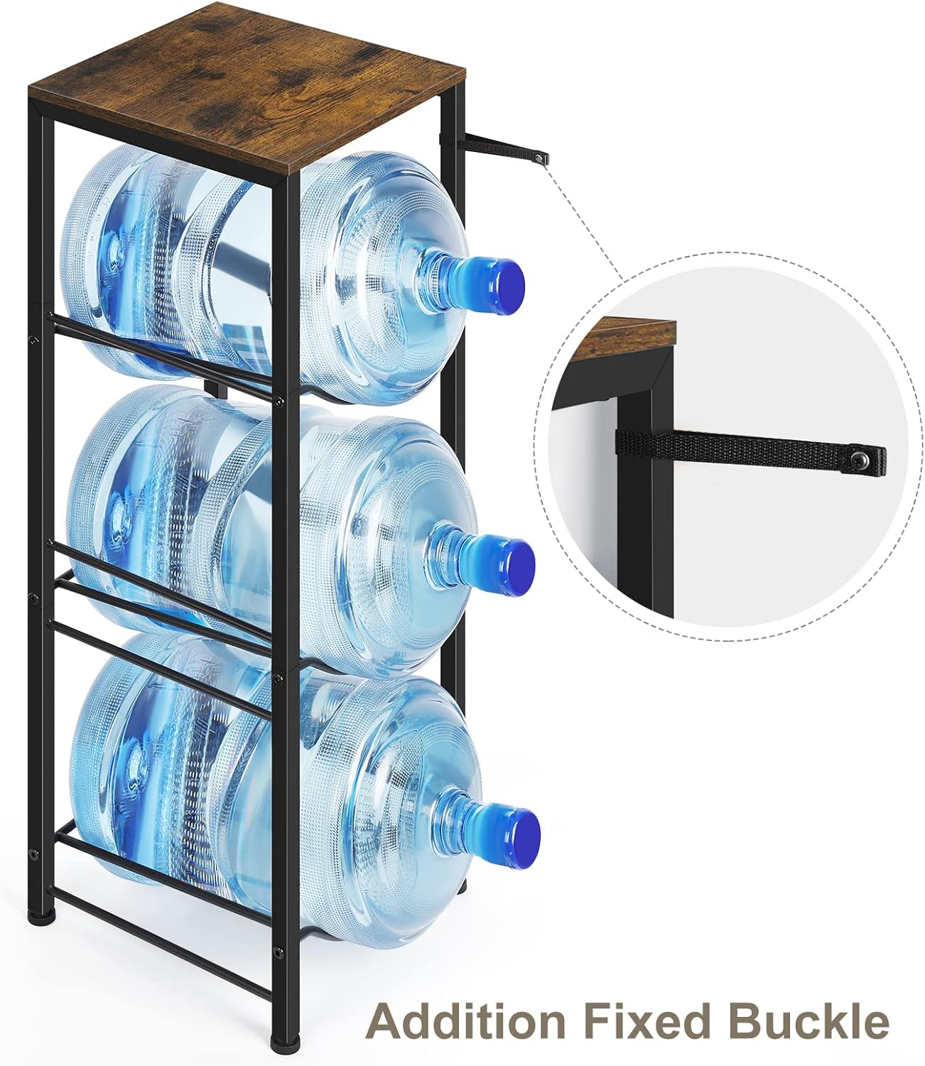 5 Gallon Water Jug Holder 3-Tiers Water Dispenser Stand Rack, Water Bottle Organizer with Storage Shelves for Kitchen Living Room Office, Rustic Brown