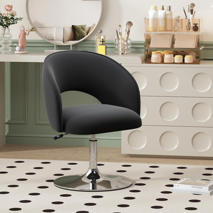 Furniliving Vanity Chair, Salon Chair Flexible Round-Back, 360° Accent Chair with Plated Frame Height Adjustable Swivel Chairs for Living Room, Bedroom, Lounge Pub Bar, Velvet, Black