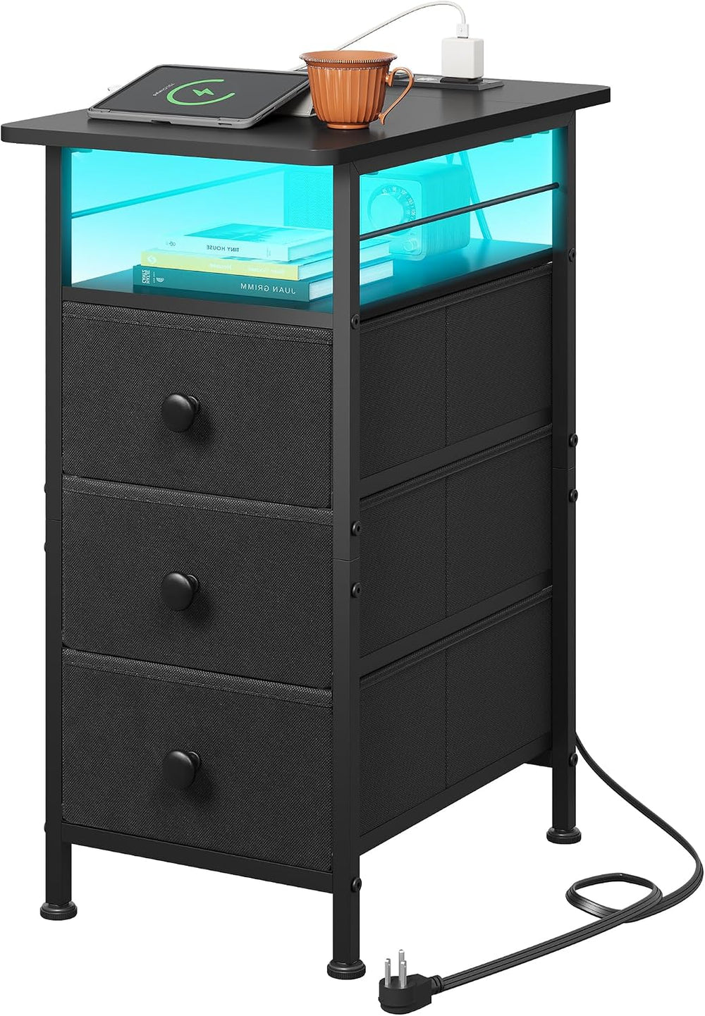 WLIVE Night Stand with Charging Station, End Table with 3 Fabric Drawers