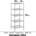 24" Deep x 30" Wide x 74" Height Wire Shelving Kit | 5-Tier | NSF Commercial Storage Rack Unit
