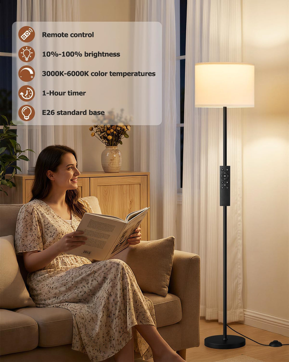 Ambimall Dimmable Floor Lamp with Remote & 9W LED Bulb