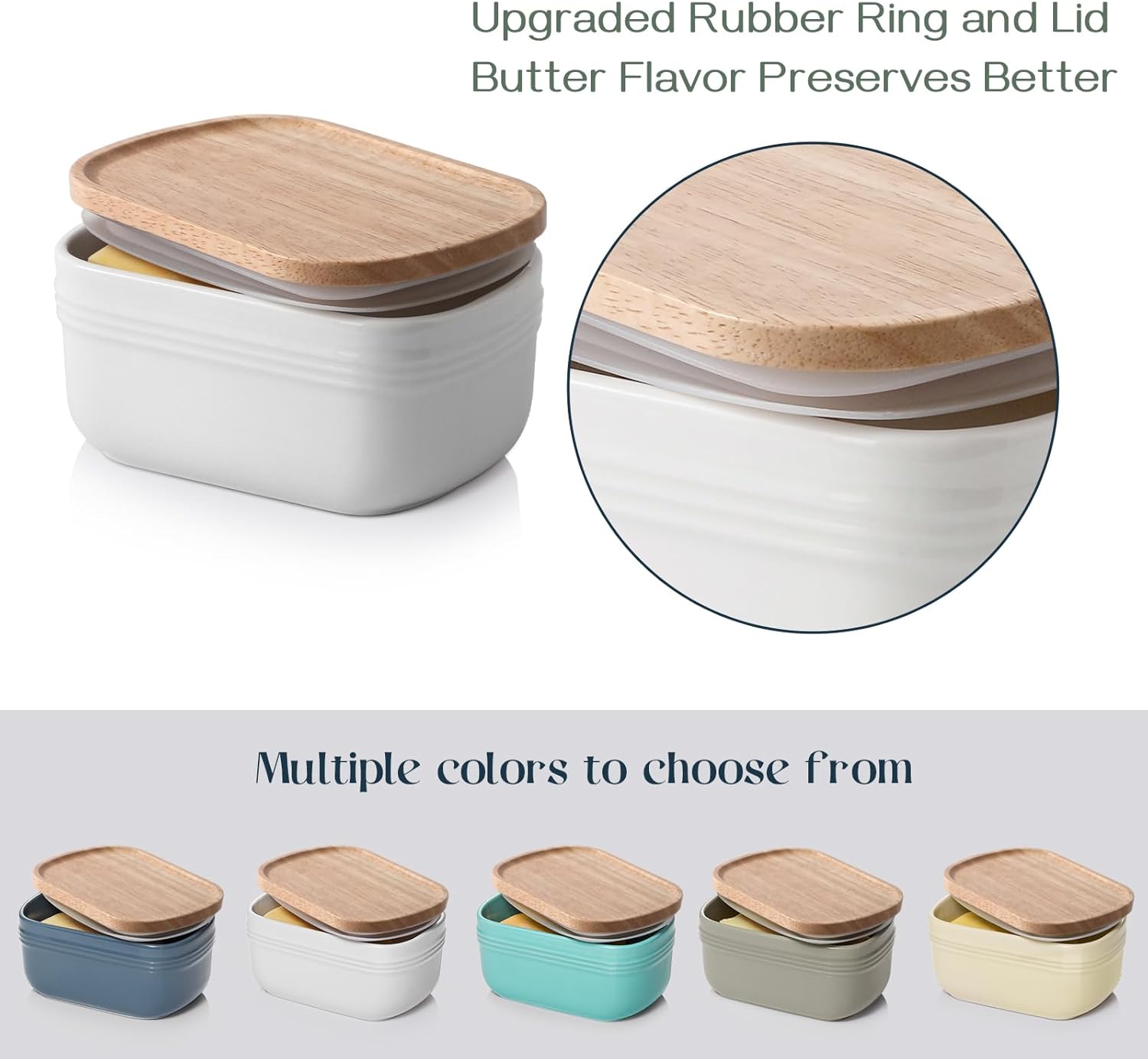 DOWAN Ceramic Butter Dish, Extra Large Butter Keeper for Countertop or Fridge, Airtight Butter Container with Wooden Lid, Farmhouse Kitchen Decor and Accessories, Freezer Safe, Soft White
