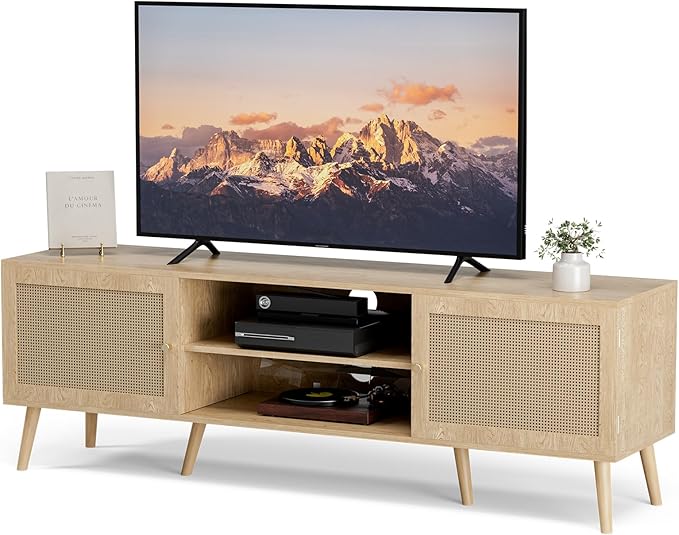 TV Stand for TVs up to 65'', Entertainment Center With Rattan Door, S...