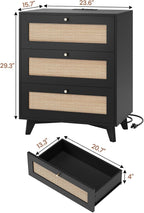 VIAGDO Rattan Nightstand with Charging Station, Black Rattan Night Stand with 3 Large Wicker Decorated Drawers, Boho Bedside Table, End Side Table, 3 Drawer Dresser for Bedroom