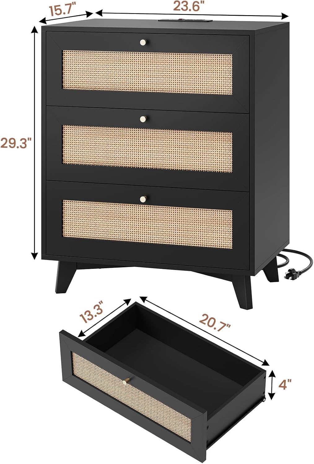 VIAGDO Rattan Nightstand with Charging Station, Black Rattan Night Stand with 3 Large Wicker Decorated Drawers, Boho Bedside Table, End Side Table, 3 Drawer Dresser for Bedroom