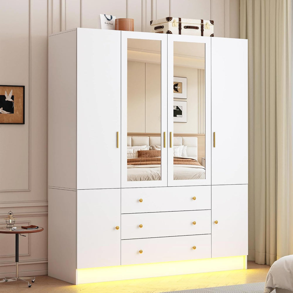 4 Doors LED Armoire Wardrobe Closet with Mirror, 75" Tall Modern Wooden ...