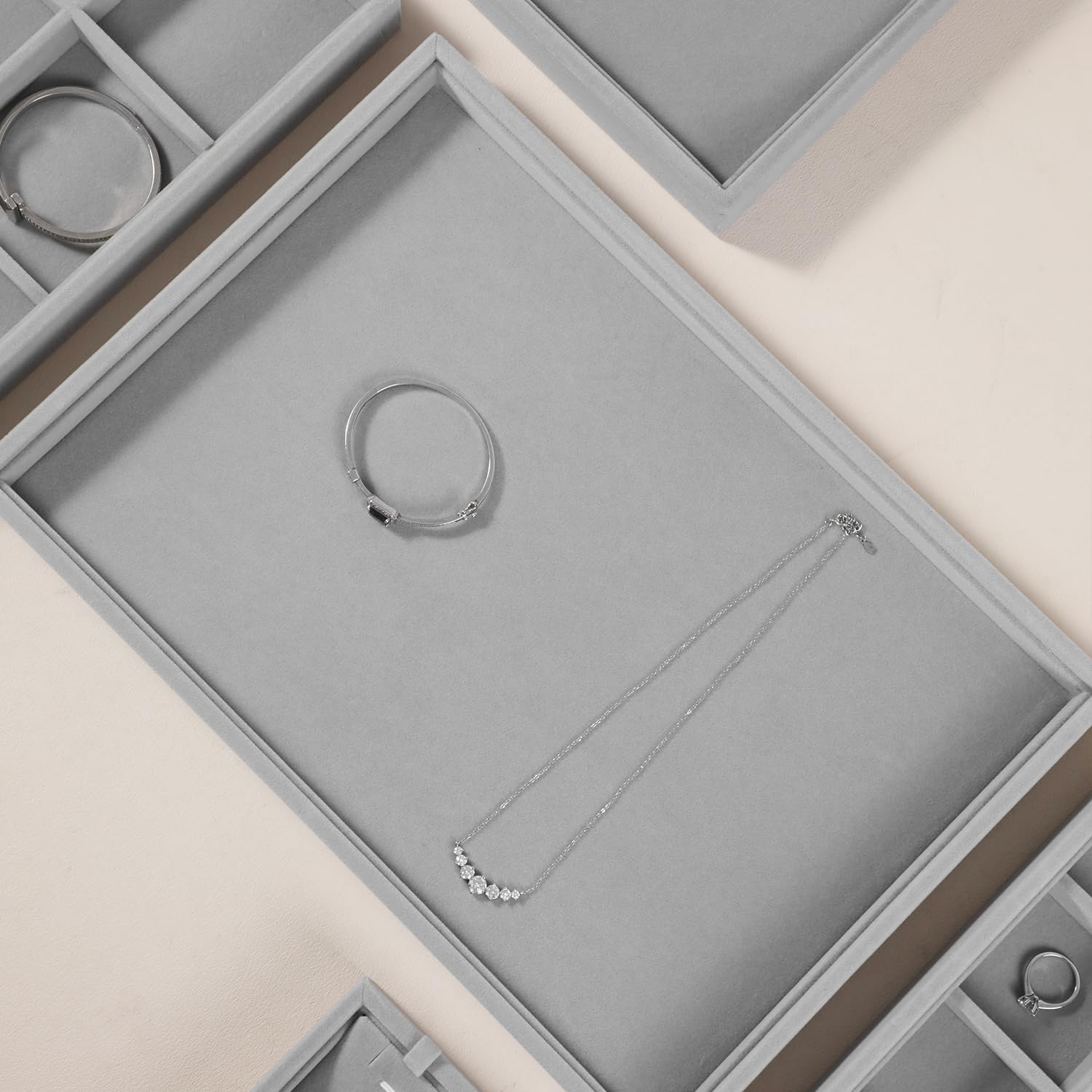 Velvet Stackable Jewelry Display Flat Tray For Ring Earring Necklace Bracelet, Bangle Pendant Storage Blank Plate, Shop Countertop Jewelry Dish Organizer (Gray)