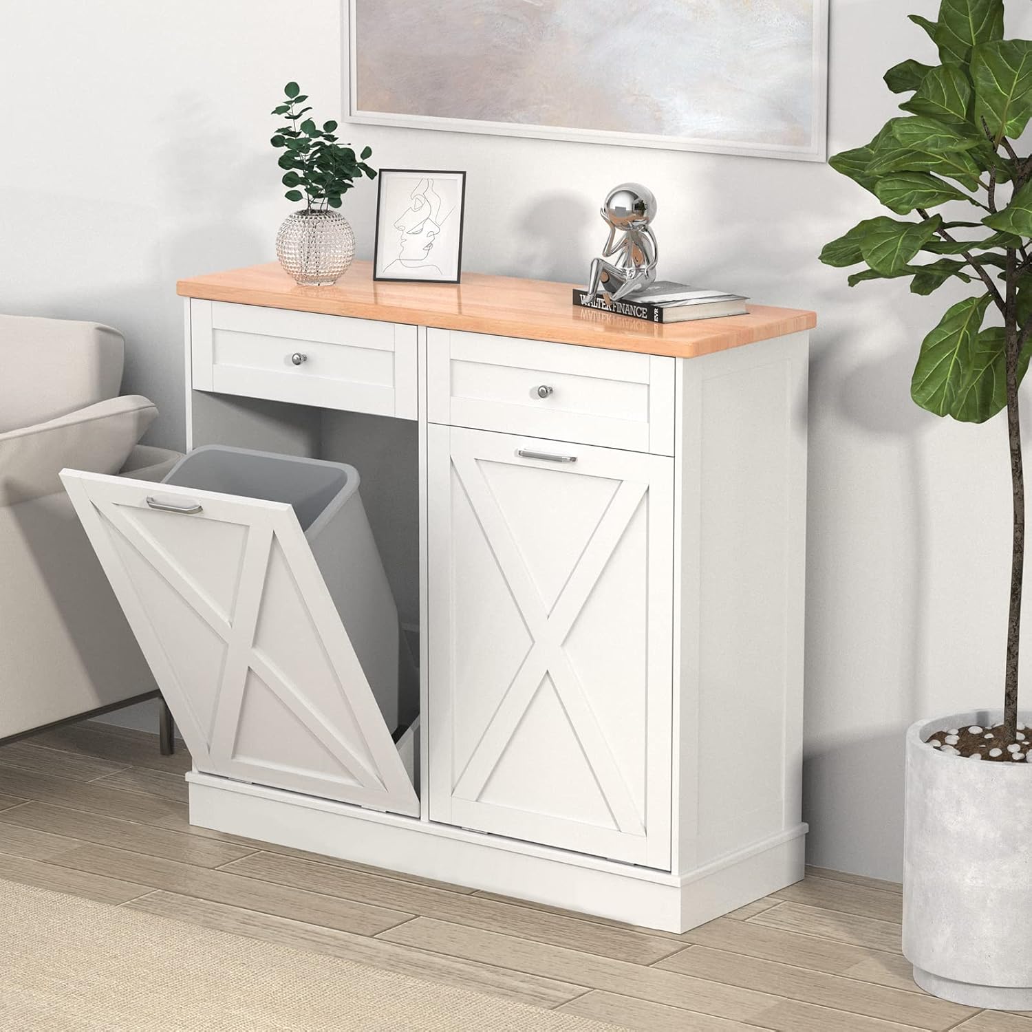 Betterhood Double Tilt Out Trash Cabinet Can Bin Kitchen 20 Gallon Wooden Free Standing Laundry Sorter,Recycling Cabinet with Hideaway Drawer, (White)