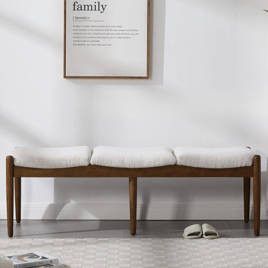 RIVOVA 54.25" Modern Ottoman Bench Upholstered Sherpa Bedroom End of Bed Bench Boho Bench Long Seating Bench Entryway Stool with Wood Legs for Living Room/Foyer, Beige