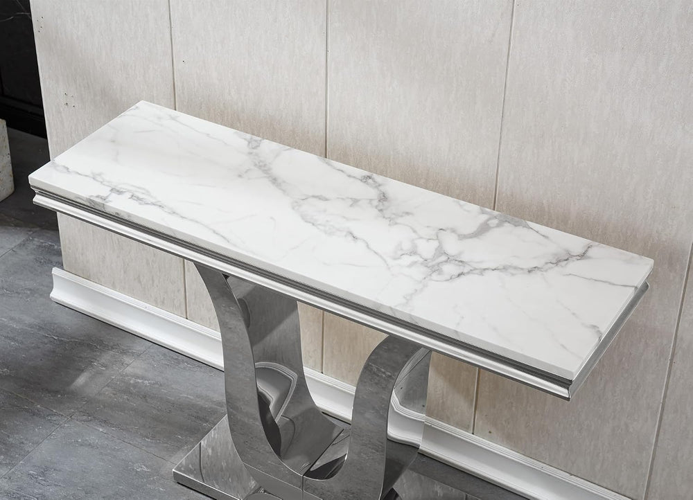SSLine Modern White Faux Marble Console Table Luxury Entryway Table with Silv...