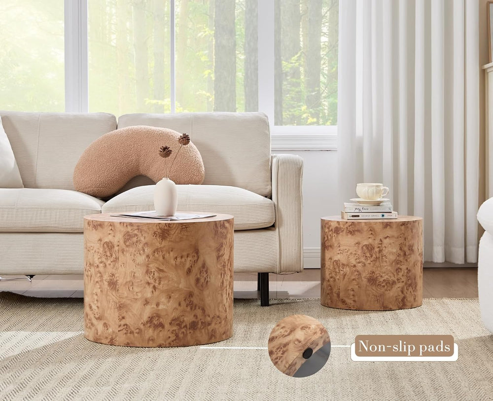 CIMOTA Round Wood Nesting Coffee Table Set of 2, Modern Circle Travertine End...