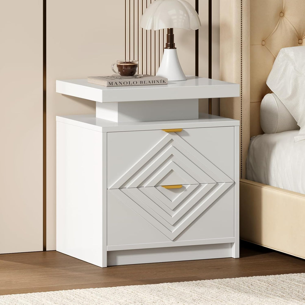 White Nightstand with Charging Station and LED Lights, Smart Night Stand, Mod...
