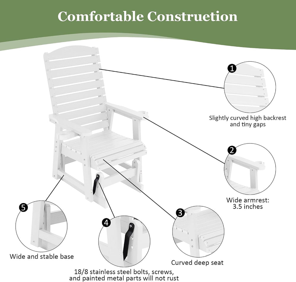 Poly Lumber Patio Glider with Cup Holders, High Backrest and Deep Contoured S...