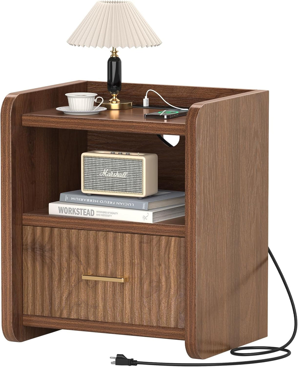 Night Stand with Charger Station - Modern Wood Nightstand with Drawer Storage...